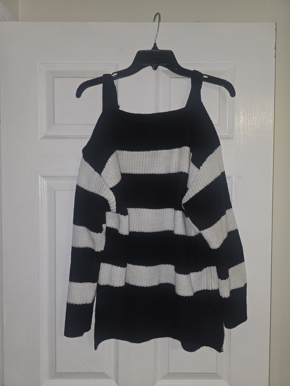 New York & Company Black and White Striped Off-Shoulder Sweater